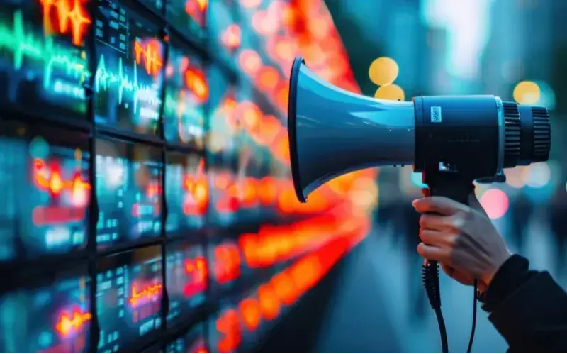 A bullhorn being held by a hand, pointed in the direction of a wall of computers