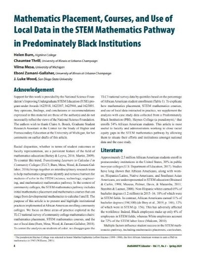 Mathematics Placement Courses and Use of Local Data in the STEM Mathematics Pathway in Predominately Black Institutions article Mathematics Placement Courses and Use of Local Data in the STEM Mathematics Pathway in Predominately Black Institutions article